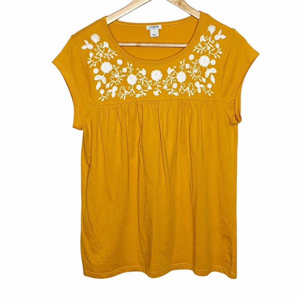 J Crew Embroidered Knit Top Yellow Womens Size Small Festival Boho Babydoll Tee